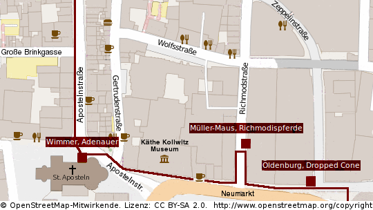 Rundgang Skulpturen in Köln, Karte Wimmer, Adenauer. © OpenStreetMap-Mitwirkende. Lizenz: CC BY-SA 2.0. www.openstreetmap.org/copyright